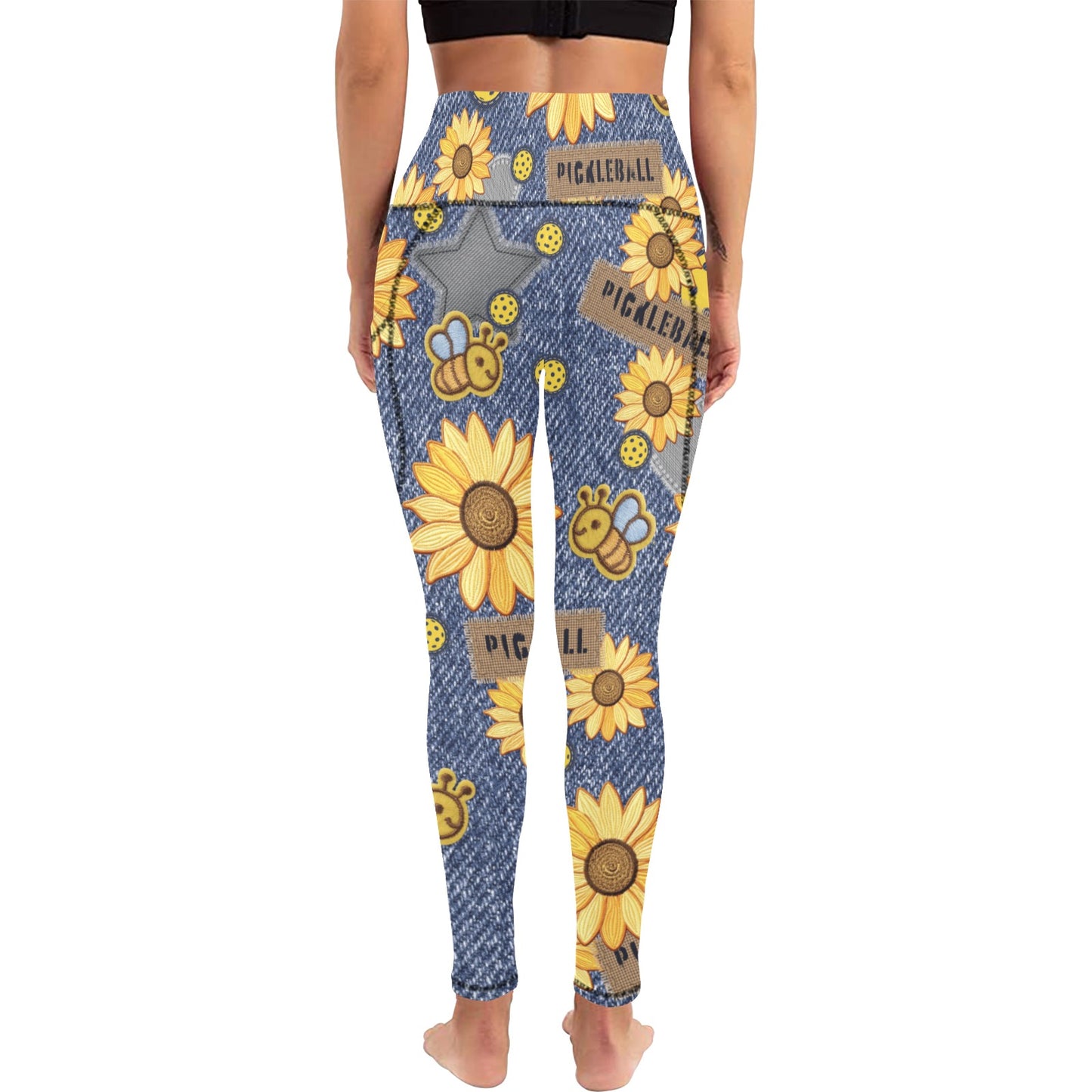 Dizzy Pickle Amy Sunflowers Women's Pickleball Performance Leggings (Ankle Length, High-Waisted, & Two Side Pockets)