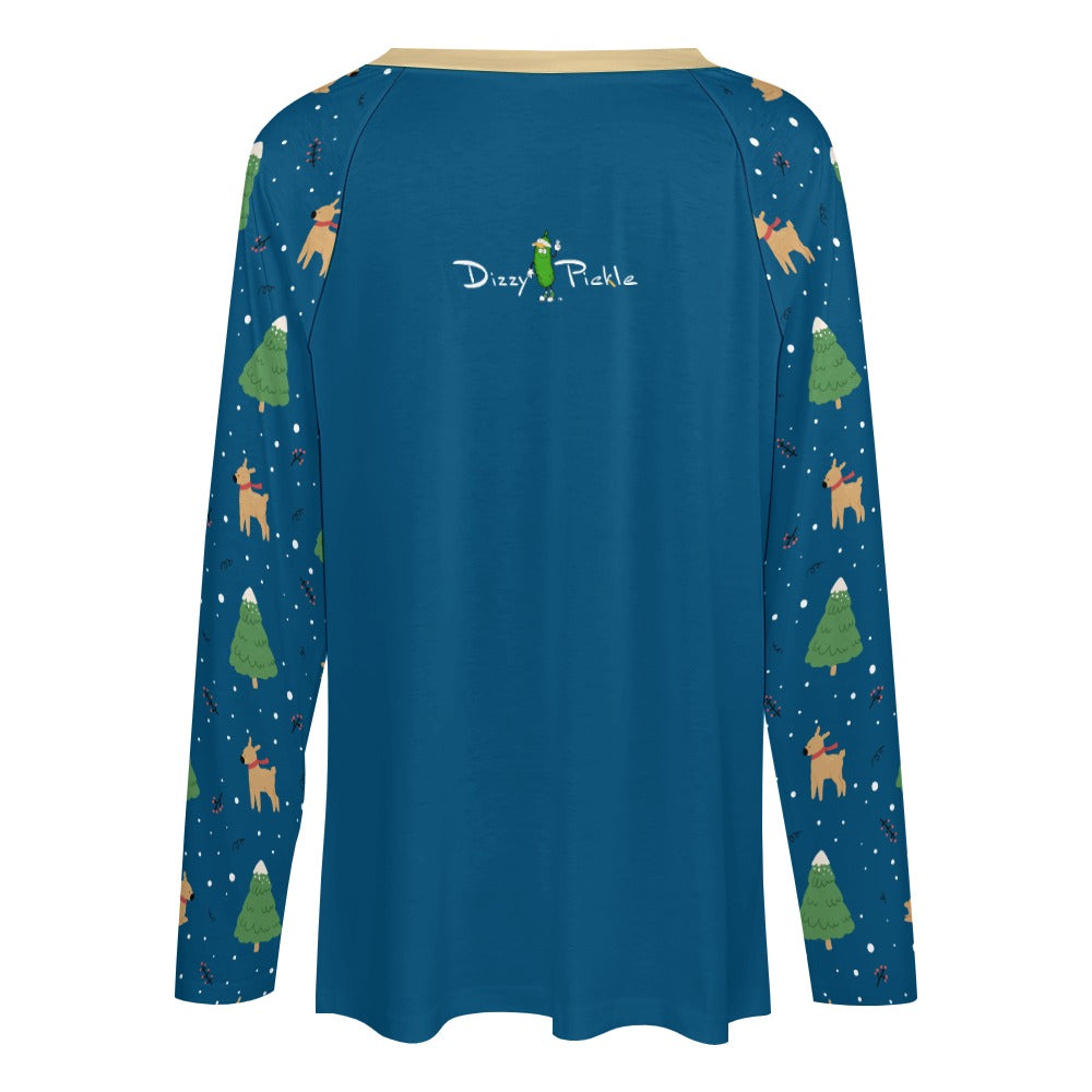 Dizzy Pickle Christmas Reindeer Frolic Women's Pickleball Double Layered V-Neck Loose Tee