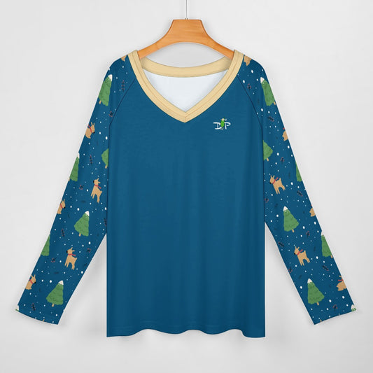 Dizzy Pickle Christmas Reindeer Frolic Women's Pickleball Double Layered V-Neck Loose Tee