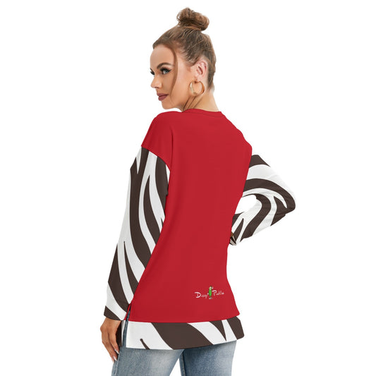 Dizzy Pickle Bridget Saddle Brown_Red Women's Pickleball Side Split O-Neck Sweatshirt