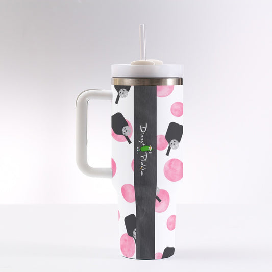 Dizzy Pickle Page Paddles_Polka Dots White 40 oz. Mega Pickleball Insulated Tumbler with Handle
