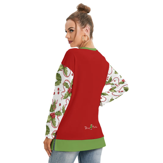 Dizzy Pickle Christmas Holly and Ribbon Women's Pickleball Side Split O-Neck Sweatshirt