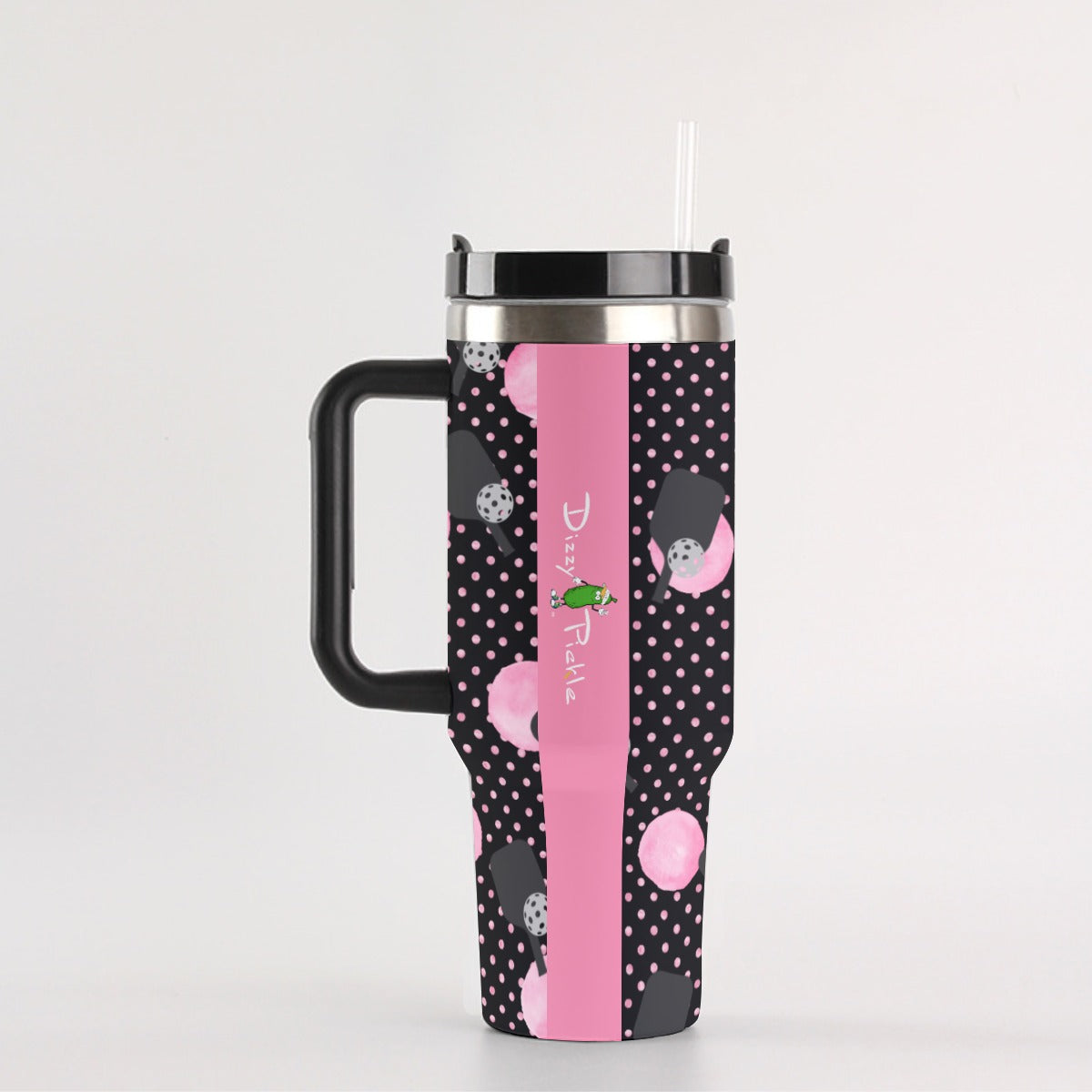 Dizzy Pickle Page Paddles_Polka Dots Black 40 oz. Mega Pickleball Insulated Tumbler with Handle