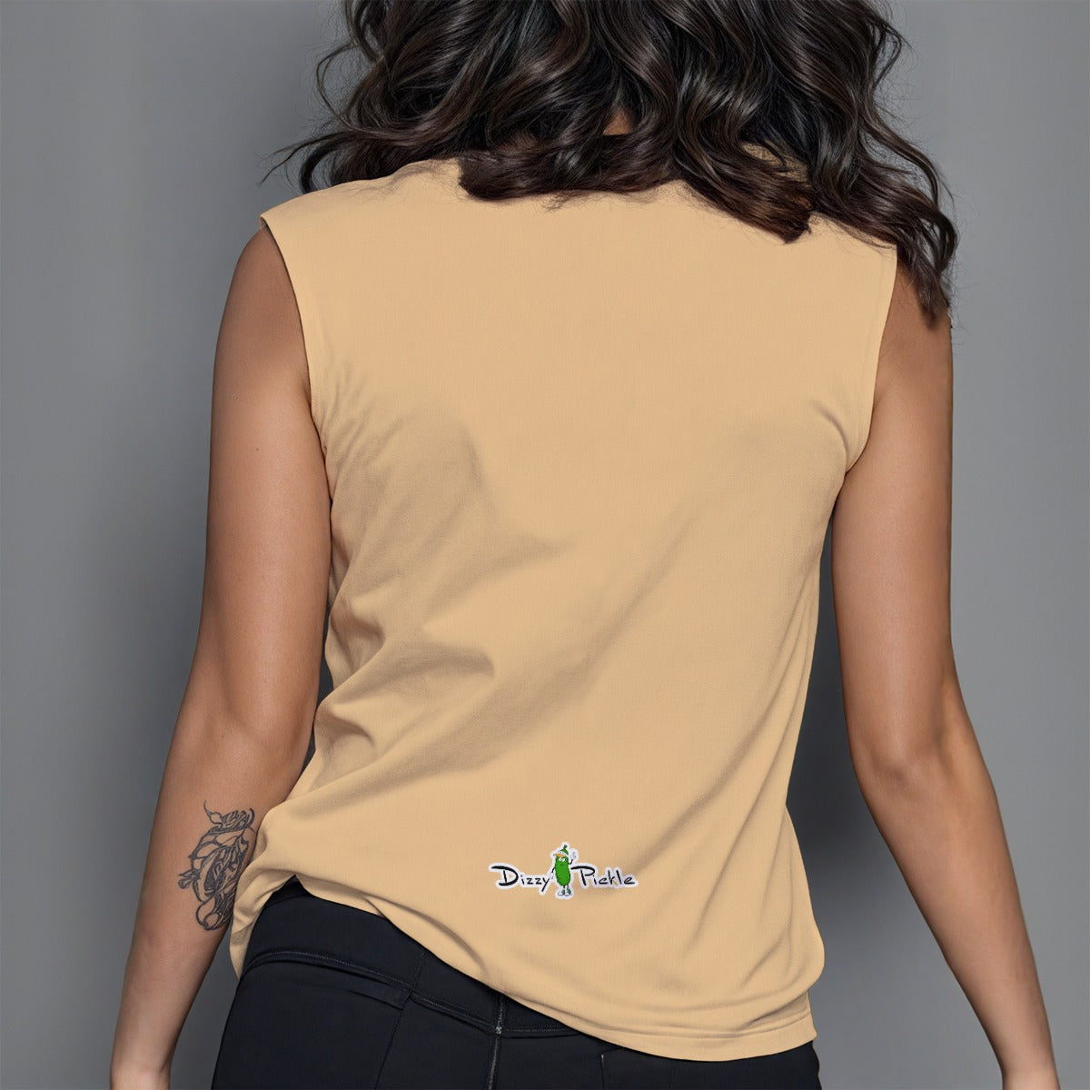 Dizzy Pickle DZY P Classic Peach Tea Women's Pickleball Crew Neck Sleeveless Premium T-Shirt