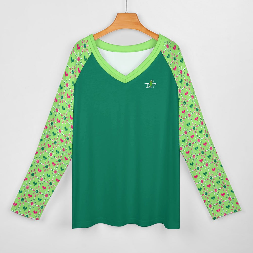 Dizzy Pickle Penny Mini Paddles and Balls Green Women's Pickleball Long sleeve Double Layered V-Neck Loose Tee