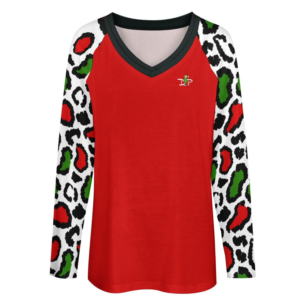 Dizzy Pickle Christmas Leopard Women's Pickleball Double Layered V-Neck Loose Tee