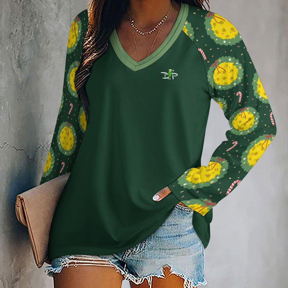 Dizzy Pickle Christmas Deck the Halls Women's Pickleball Double Layered V-Neck Loose Tee