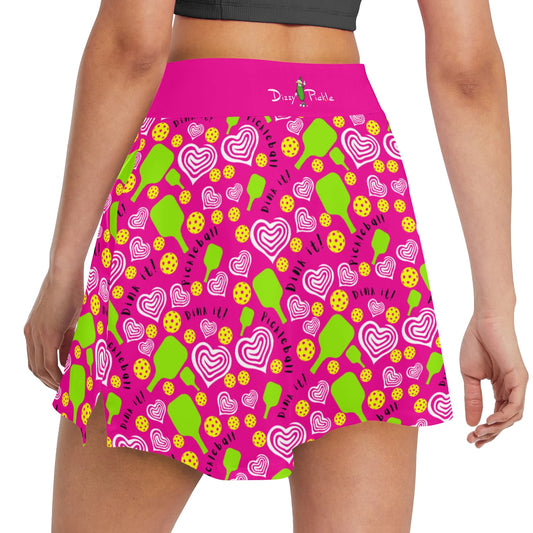 Dizzy Pickle Dinking Diva Hearts Pink Main Women's Pickleball 18" Athletic Skort with Inner Shorts and Two Ball Pockets