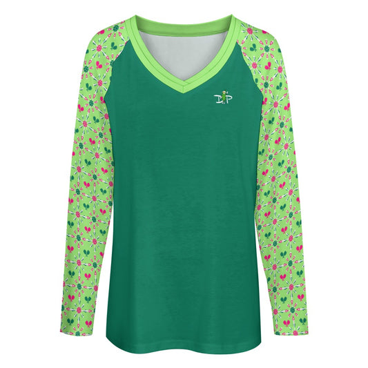 Dizzy Pickle Penny Mini Paddles and Balls Green Women's Pickleball Long sleeve Double Layered V-Neck Loose Tee