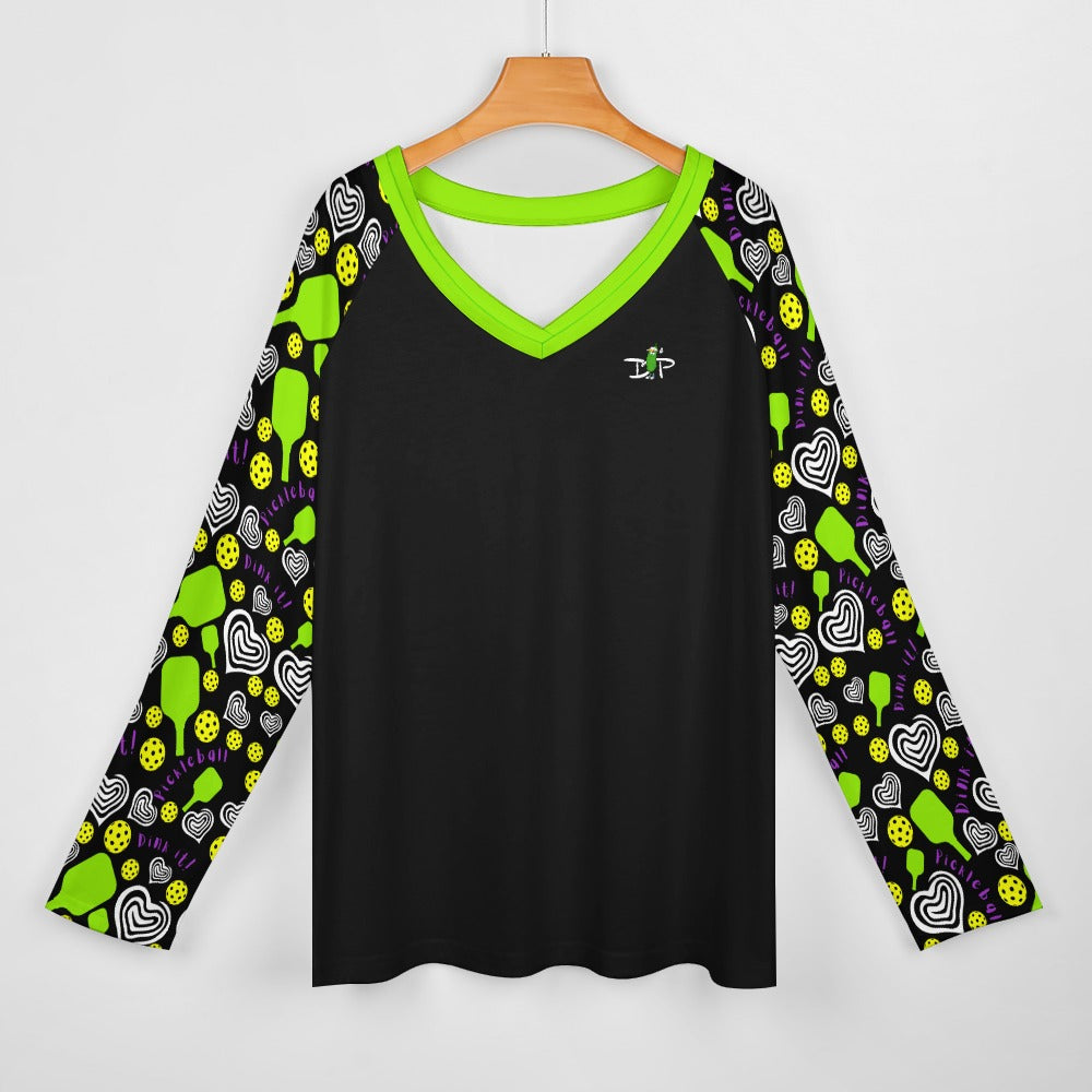 Dizzy Pickle Dinking Diva Hearts BG Women's Pickleball Long sleeve Double Layered V-Neck Loose Tee