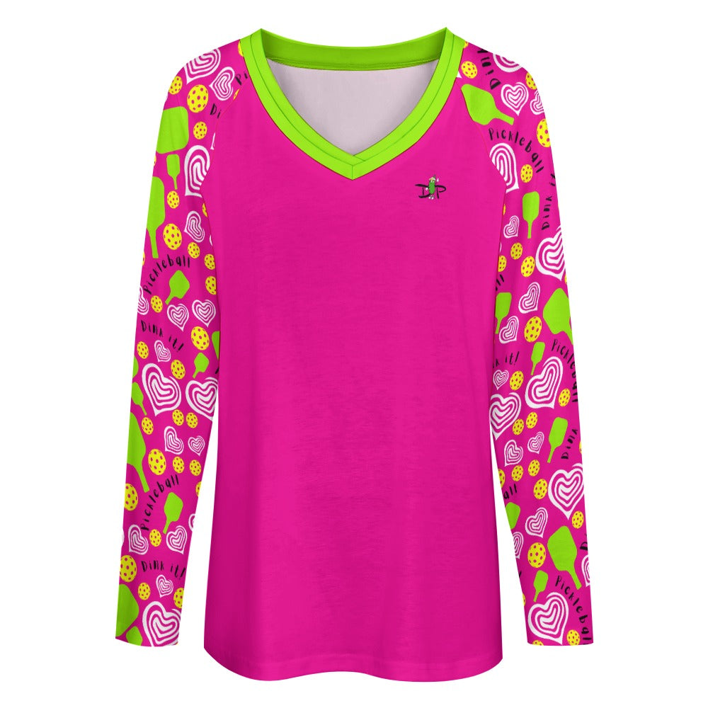 Dizzy Pickle Dinking Diva Hearts PG Women's Pickleball Long sleeve Double Layered V-Neck Loose Tee