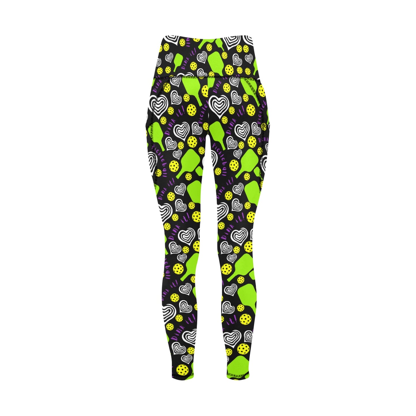 Dizzy Pickle Dinking Diva Hearts BG Women's Pickleball Performance Leggings (Ankle Length, High-Waisted, & Two Side Pockets)