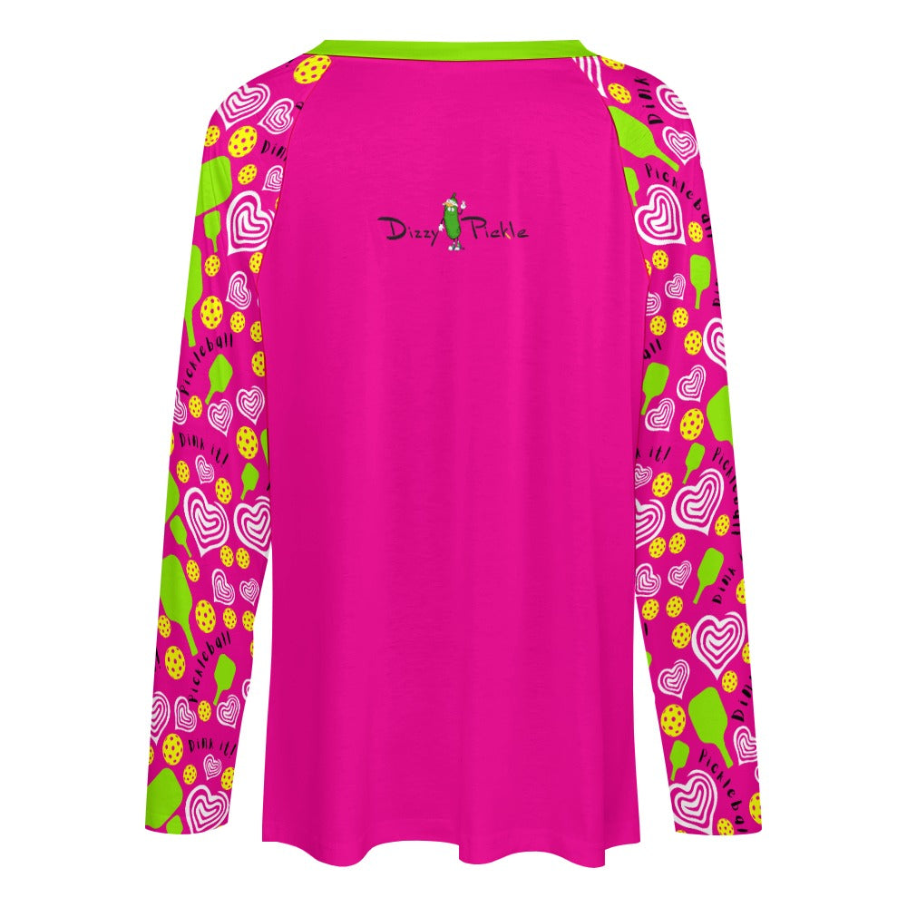 Dizzy Pickle Dinking Diva Hearts PG Women's Pickleball Long sleeve Double Layered V-Neck Loose Tee