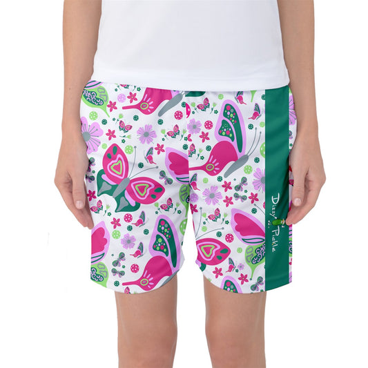 Penny - Pink/Green - Butterflies - Women's Long Pickleball Athletic Shorts by Dizzy Pickle