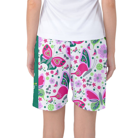 Penny - Pink/Green - Butterflies - Women's Long Pickleball Athletic Shorts by Dizzy Pickle