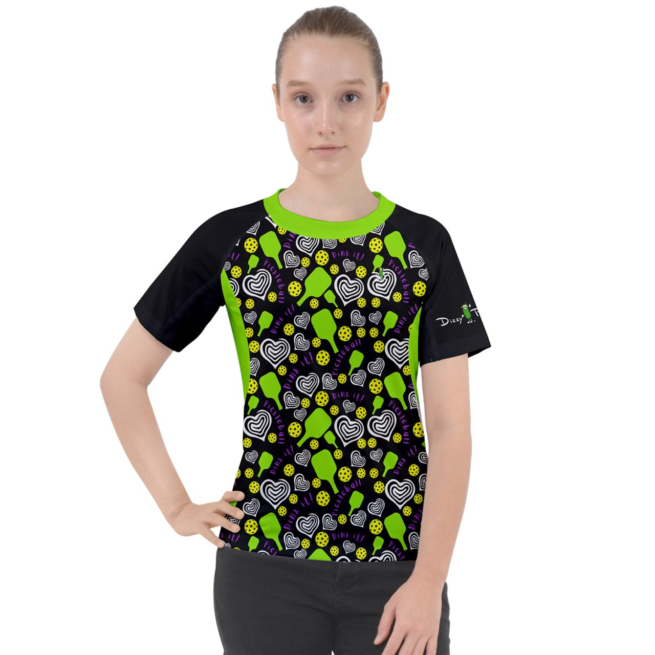 Dizzy Pickle Dinking Diva Hearts BG Women's Pickleball Sport Raglan Short Sleeve T-Shirt