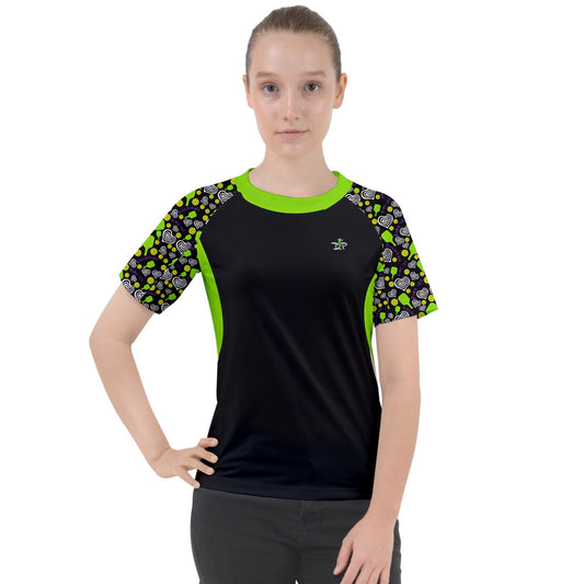 Dizzy Pickle Dinking Diva Hearts BG Solid Black Women's Pickleball Sport Raglan Short Sleeve T-Shirt