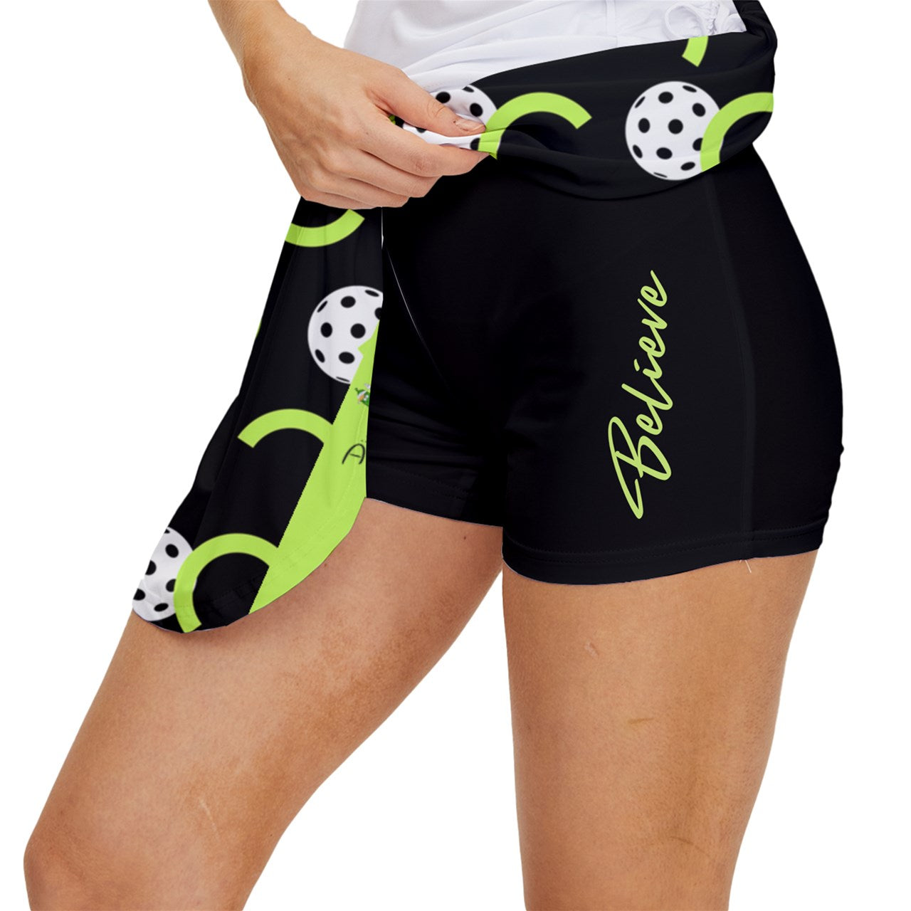 Dizzy Pickle Believe Black Green Women's Pickleball 15" Court Skorts with Inner Shorts