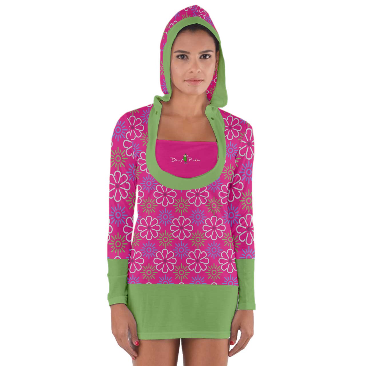 Dizzy Pickle April Pink Women's Pickleball Long Sleeve Hooded T-Shirt with Cuffs