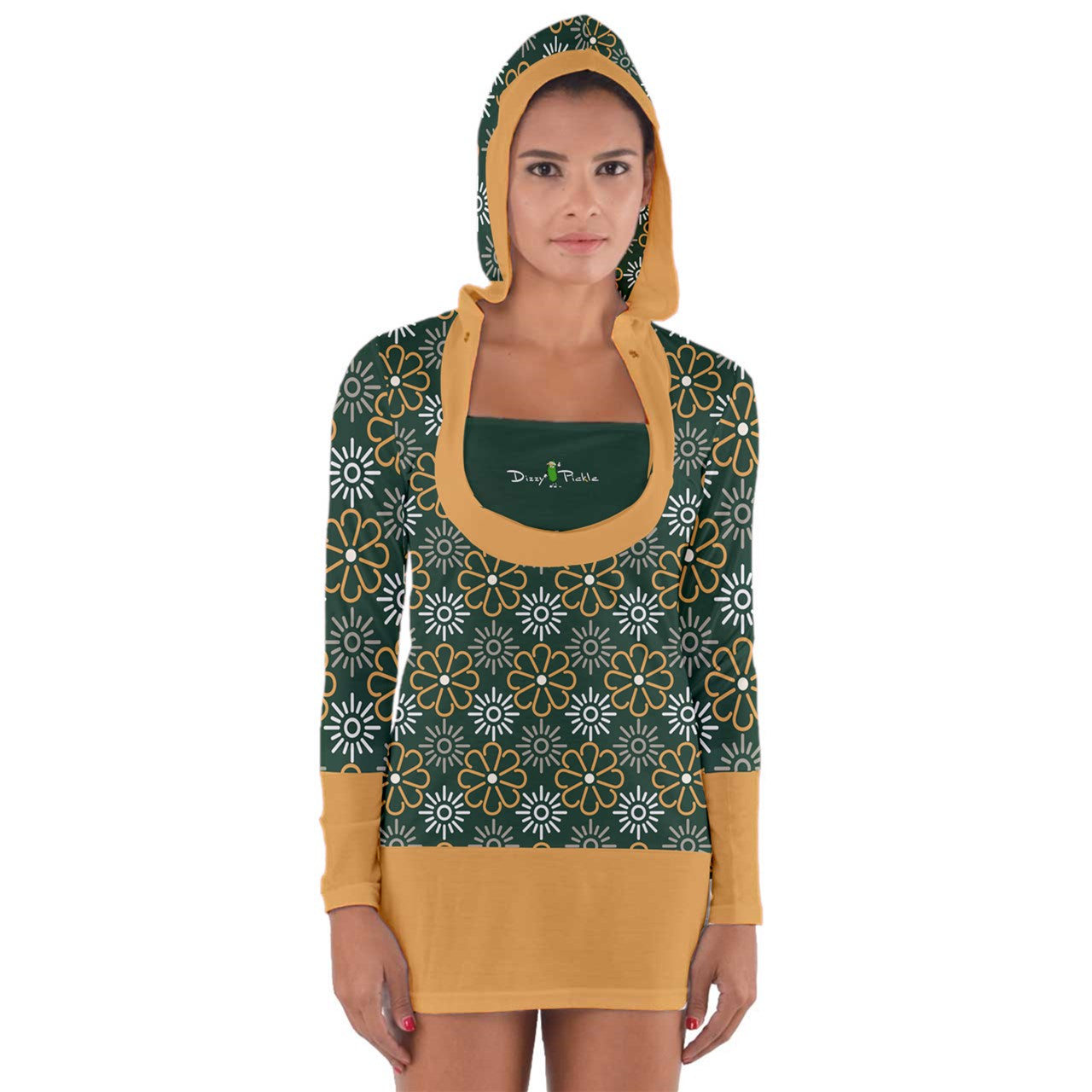 Dizzy Pickle April Emerald Green Women's Pickleball Long Sleeve Hooded T-Shirt with Cuffs