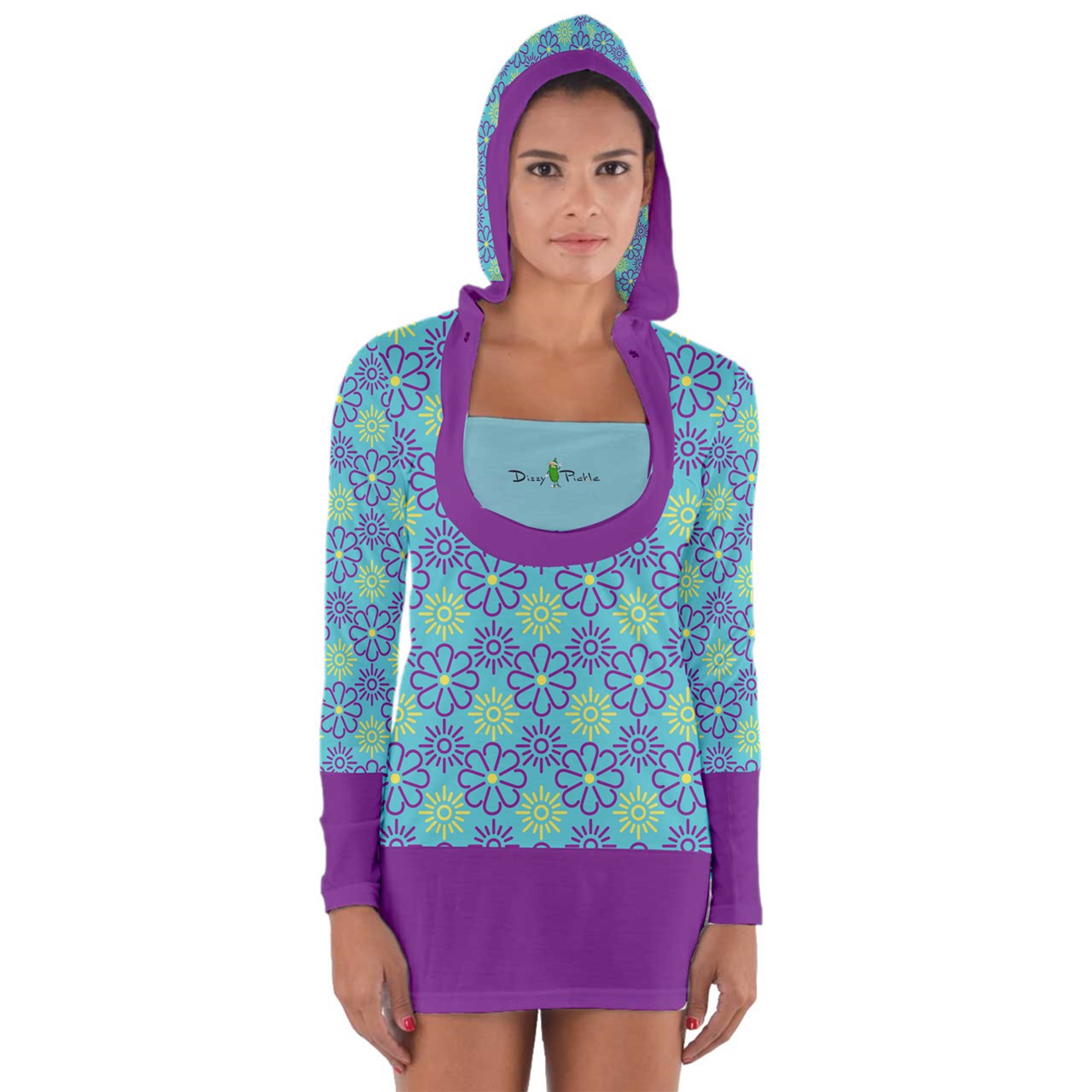 Dizzy Pickle April Teal Women's Pickleball Long Sleeve Hooded T-Shirt with Cuffs