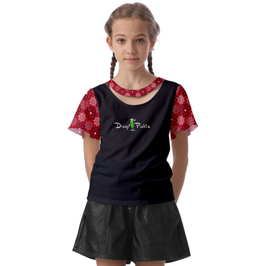 Dizzy Pickle April Black_Red Girl's Pickleball Athletic Front-Cut Tee