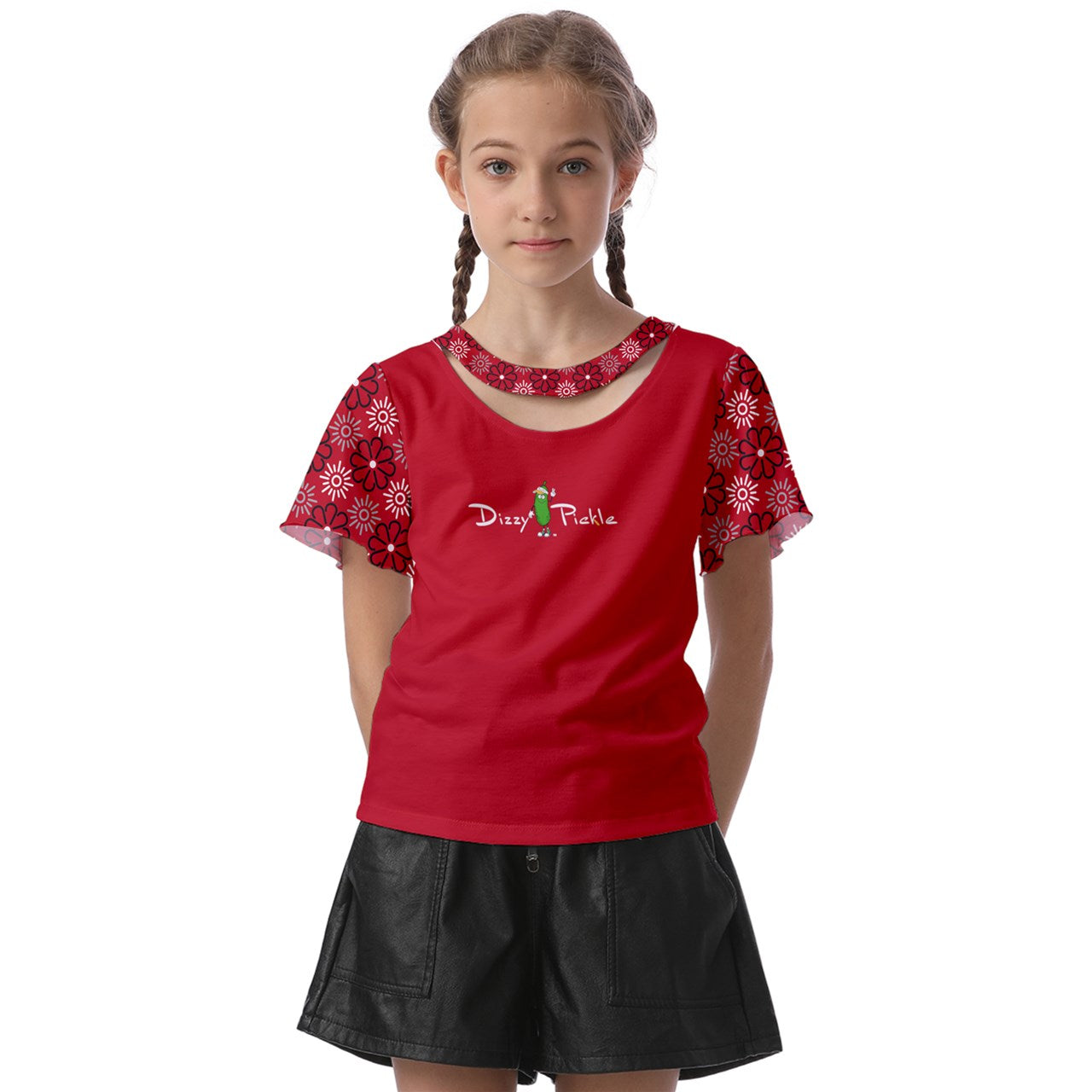 Dizzy Pickle April Red_Black Girl's Pickleball Athletic Front-Cut Tee