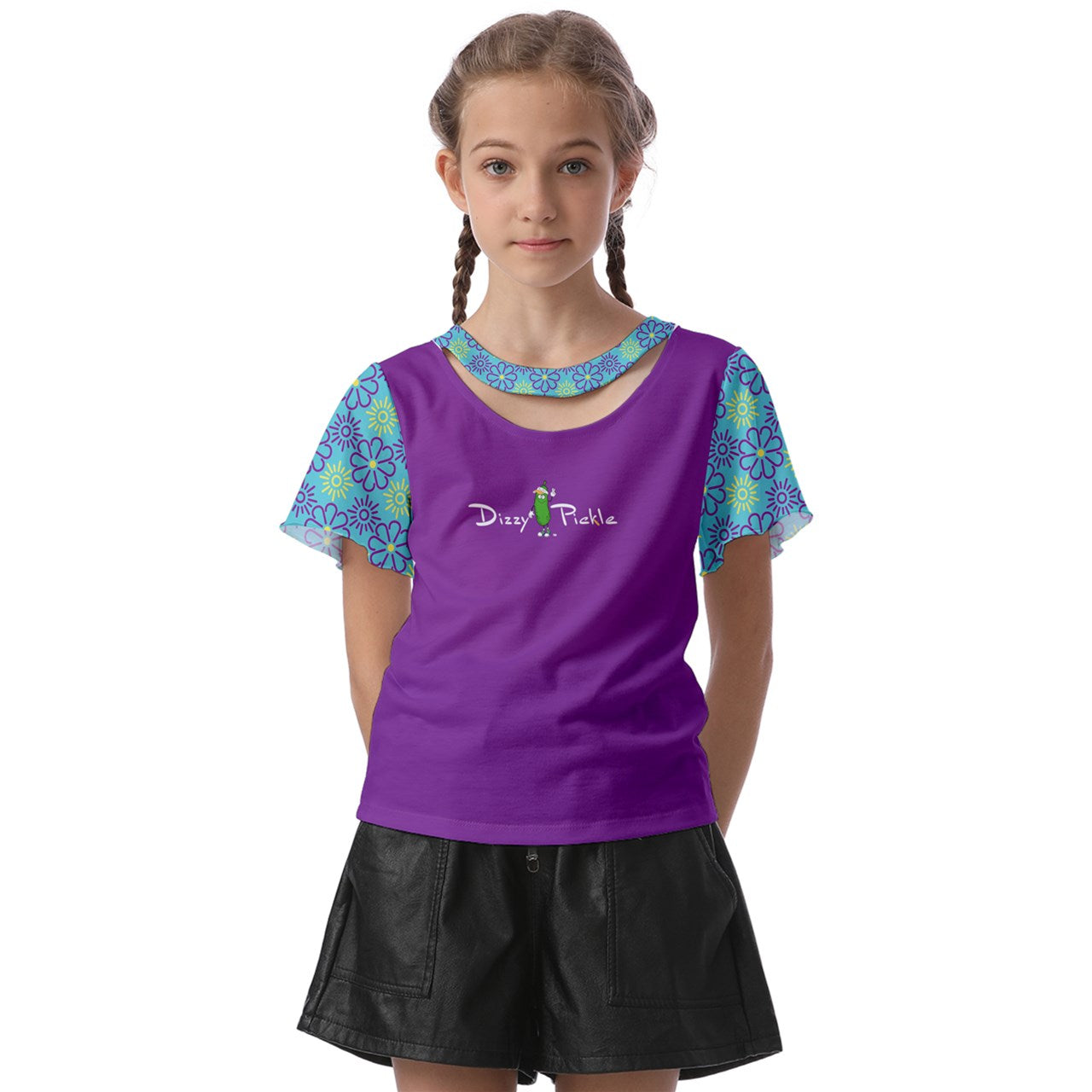 Dizzy Pickle April Teal Girl's Pickleball Athletic Front-Cut Tee