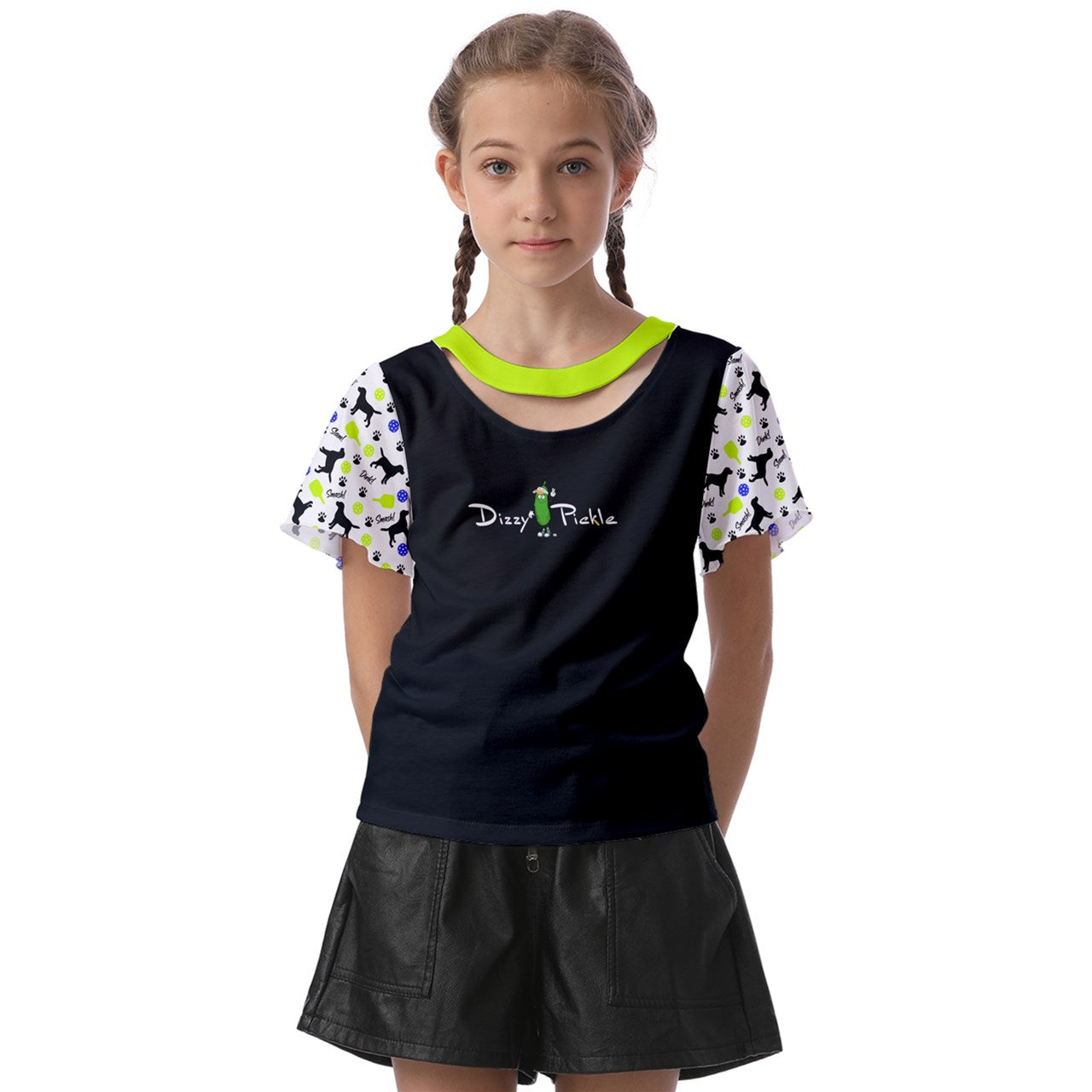 Dizzy Pickle Connie Black Girl's Pickleball Athletic Front-Cut Tee