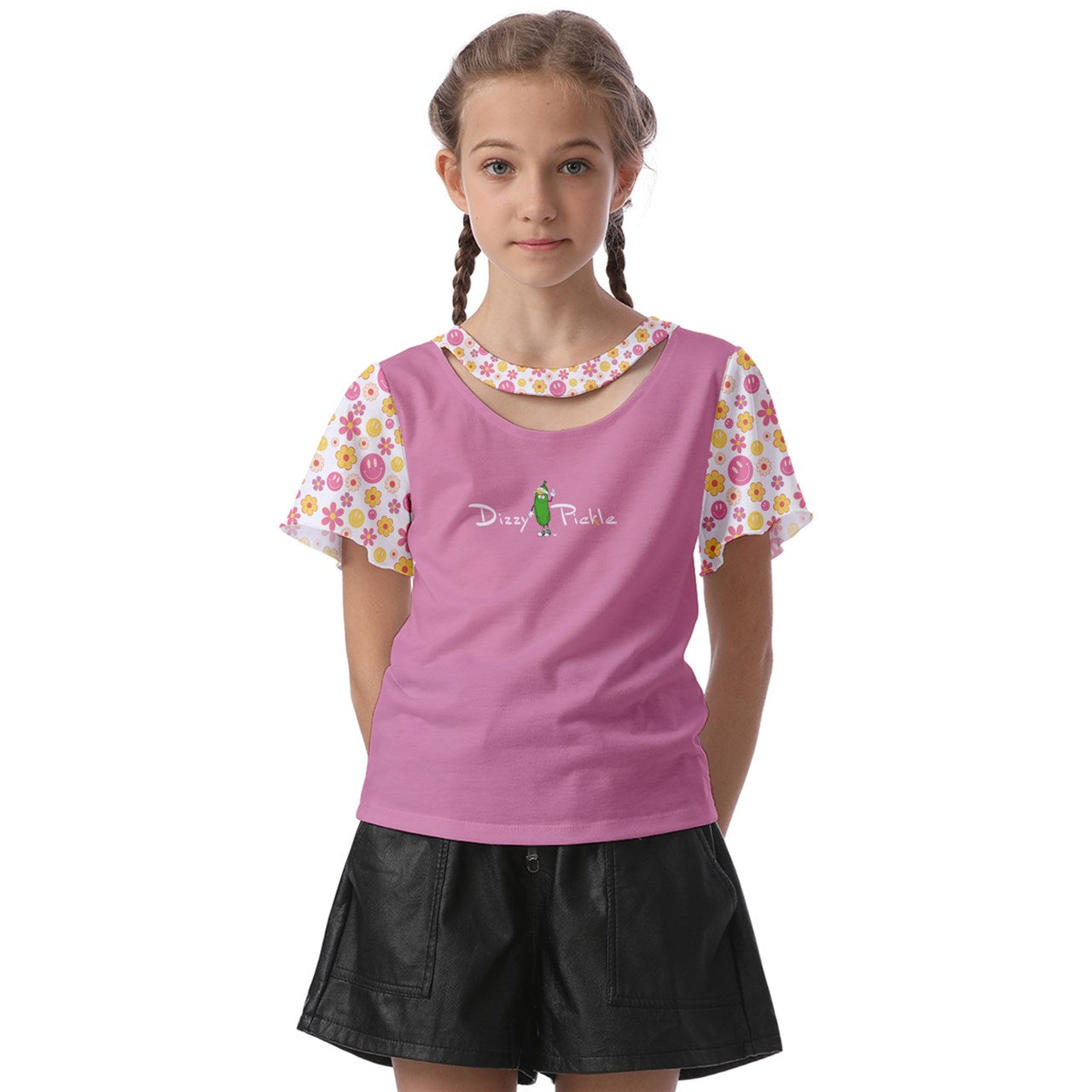 Dizzy Pickle Joy Pink Girl's Pickleball Athletic Front-Cut Tee