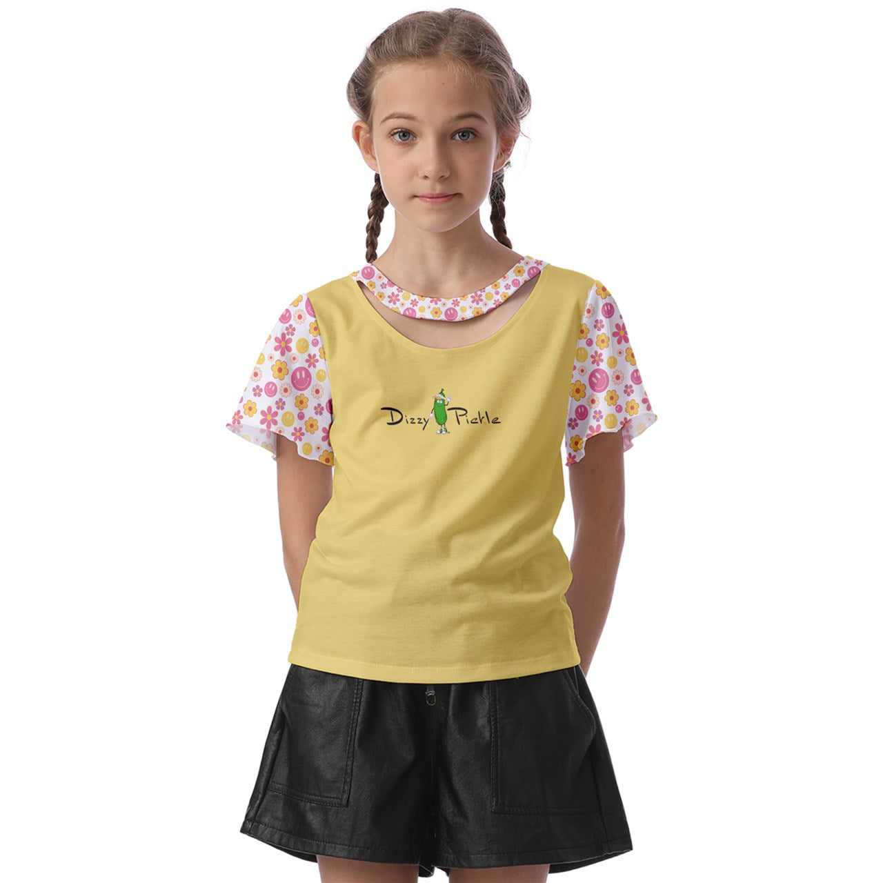 Dizzy Pickle Joy Yellow Girl's Pickleball Athletic Front-Cut Tee