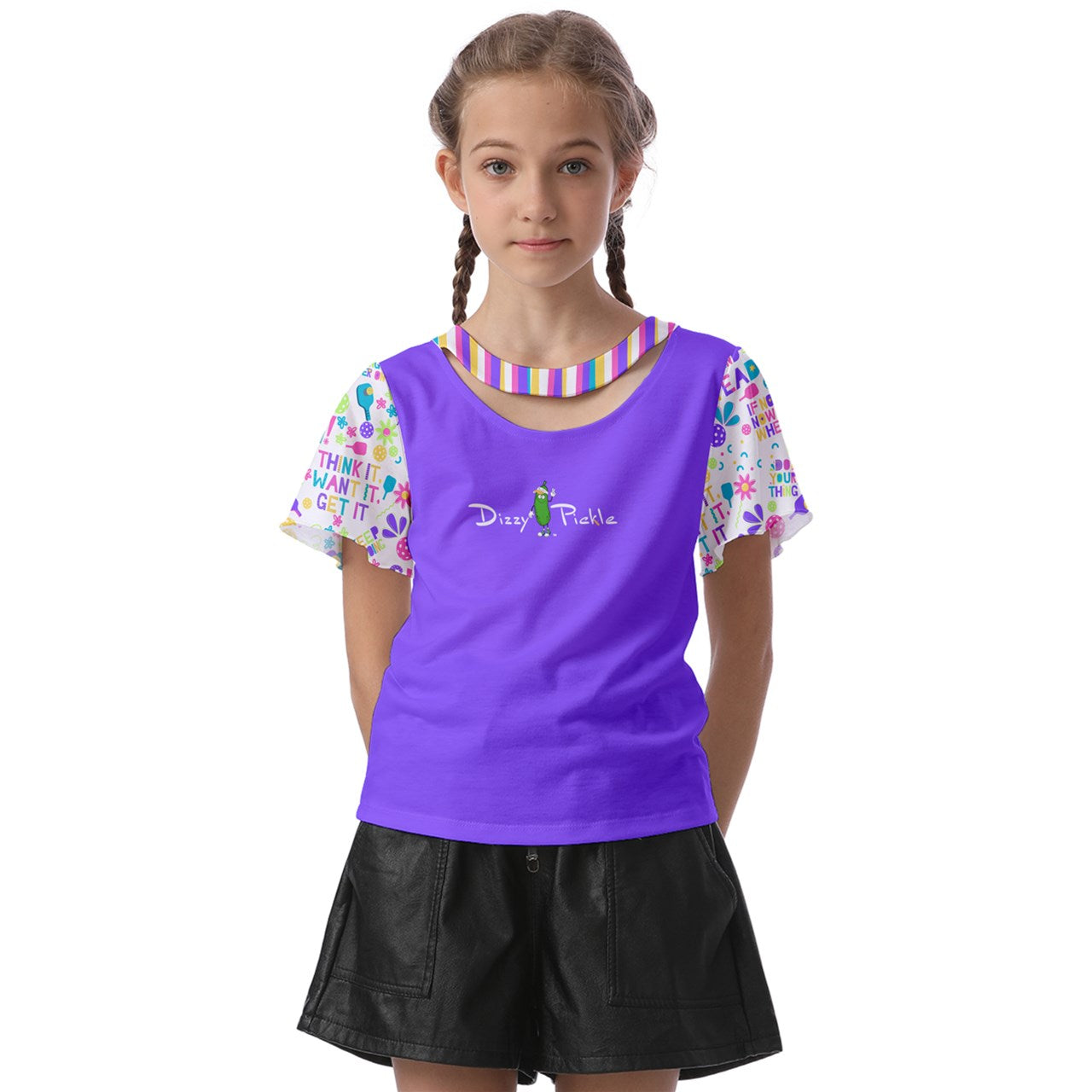 Dizzy Pickle Theresa Purple Girl's Pickleball Athletic Front-Cut Tee