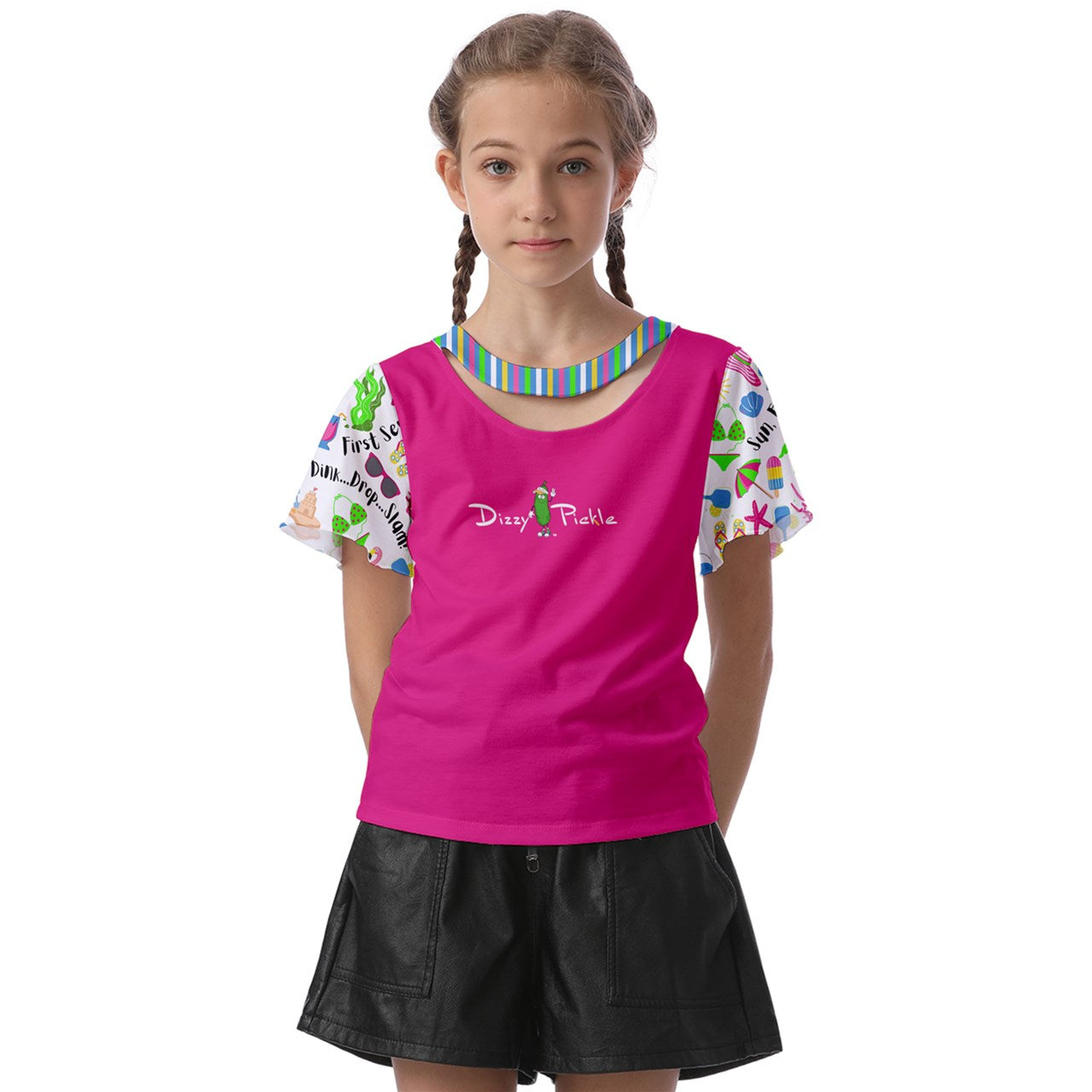 Dizzy Pickle Julie Pink Girl's Pickleball Athletic Front-Cut Tee