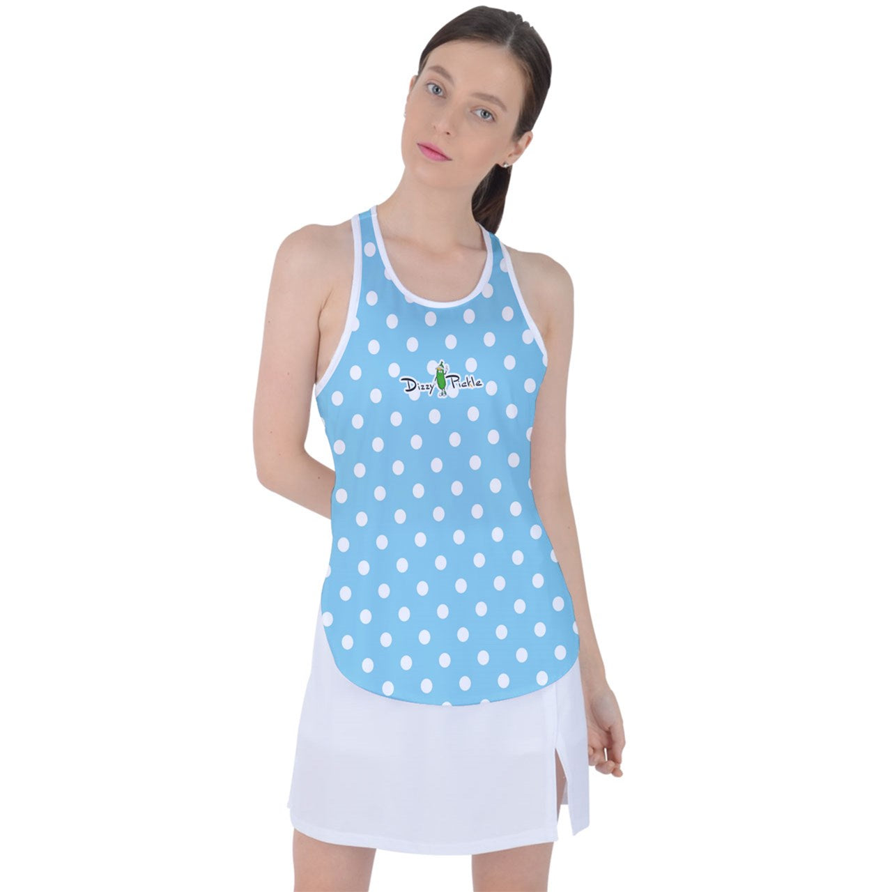 Dizzy Pickle GEO Blue White Polka Dots Women's Pickleball Racer Back Mesh Tank Top