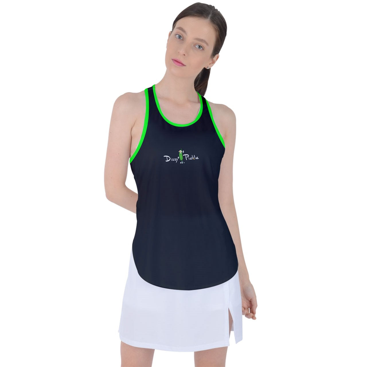 Dizzy Pickle DZY P Classic Black Green Women's Pickleball Racer Back Mesh Tank Top