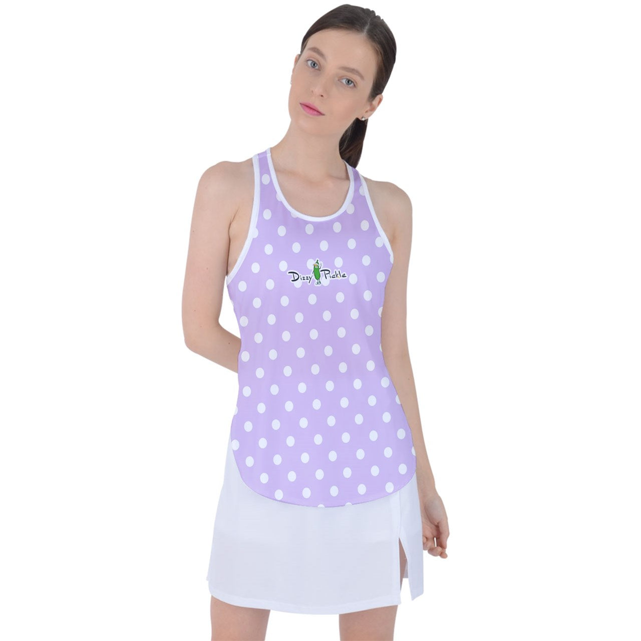 Dizzy Pickle GEO Lavender White Polka Dots Women's Pickleball Racer Back Mesh Tank Top