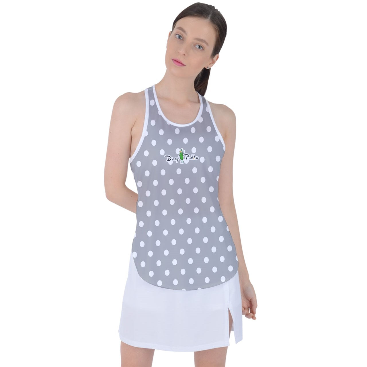 Dizzy Pickle GEO Gray White Polka Dots Women's Pickleball Racer Back Mesh Tank Top