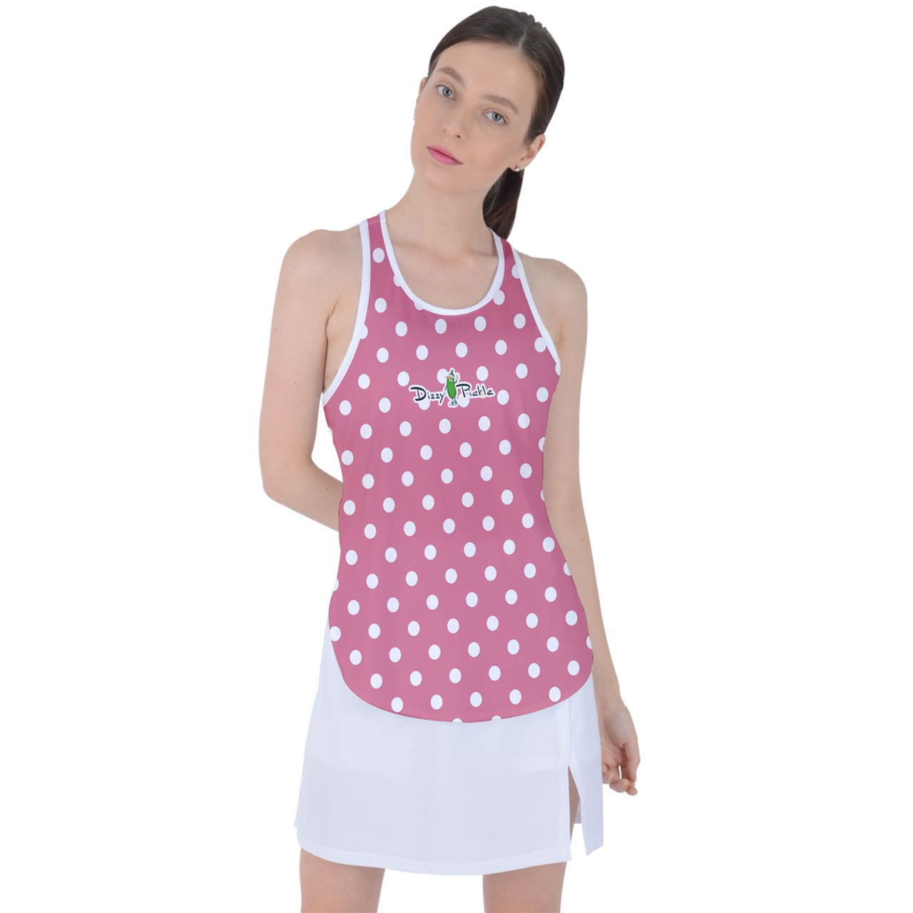 Dizzy Pickle GEO Peach White Polka Dots Women's Pickleball Racer Back Mesh Tank Top