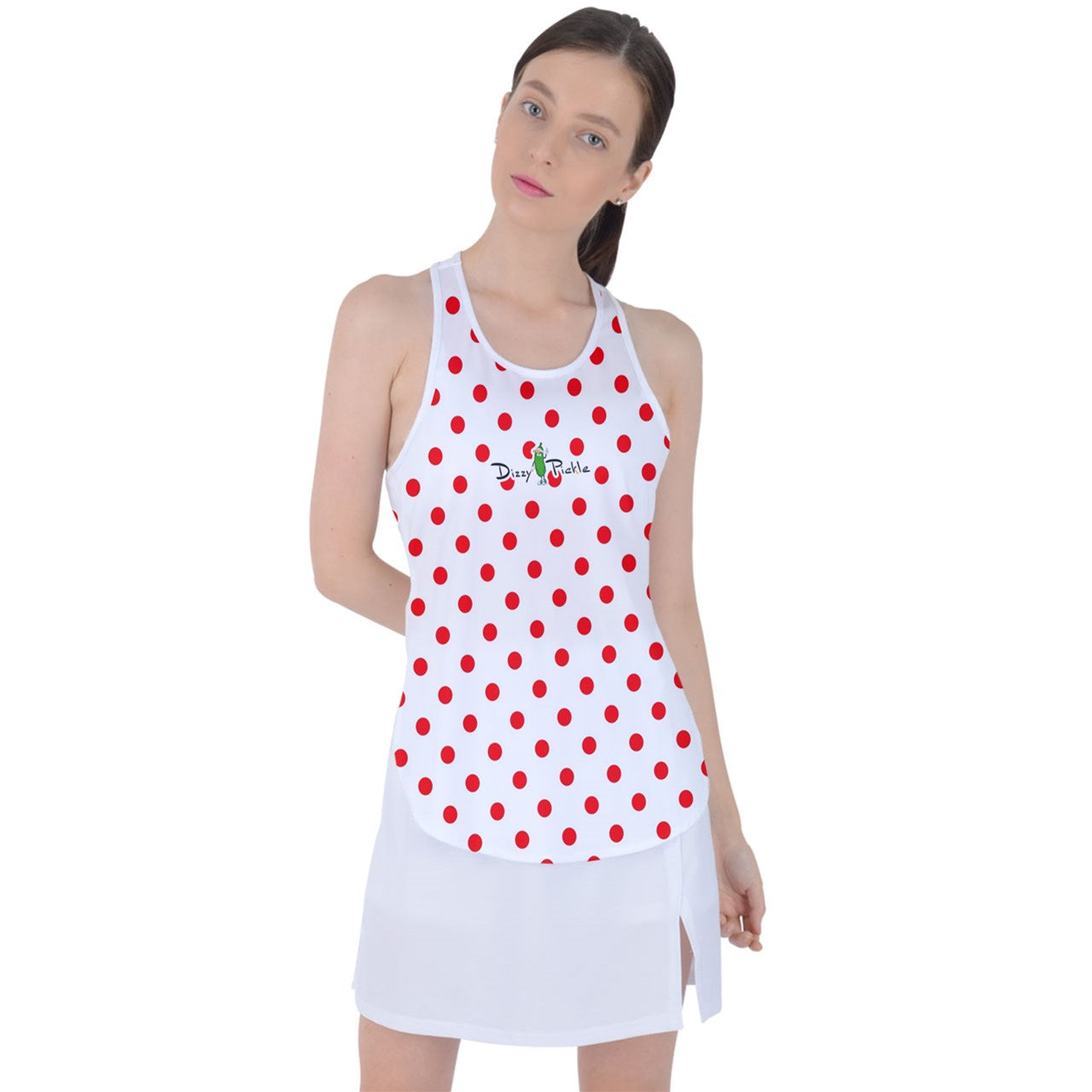 Dizzy Pickle GEO Red White Polka Dots Women's Pickleball Racer Back Mesh Tank Top