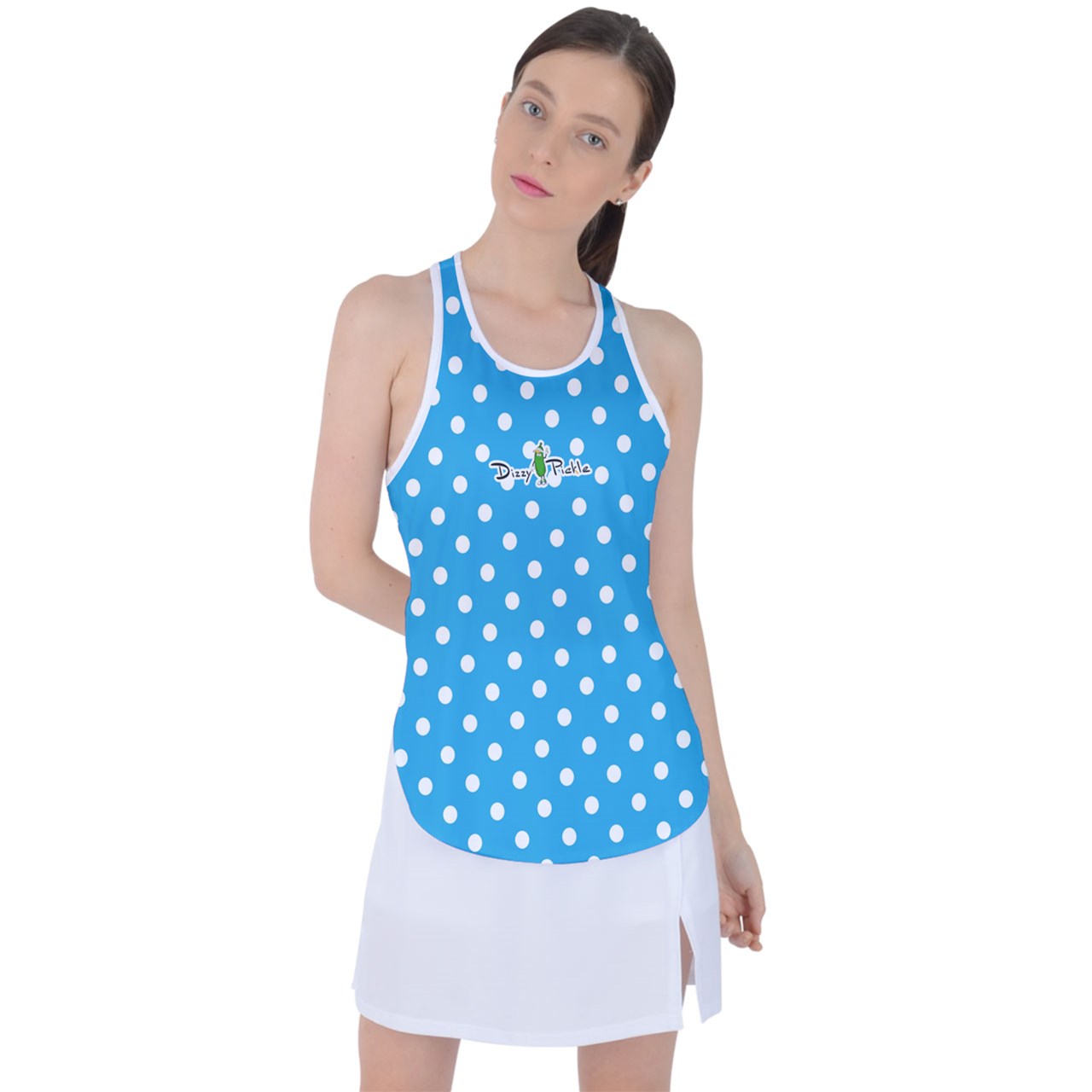 Dizzy Pickle GEO Robin Blue White Polka Dots Women's Pickleball Racer Back Mesh Tank Top