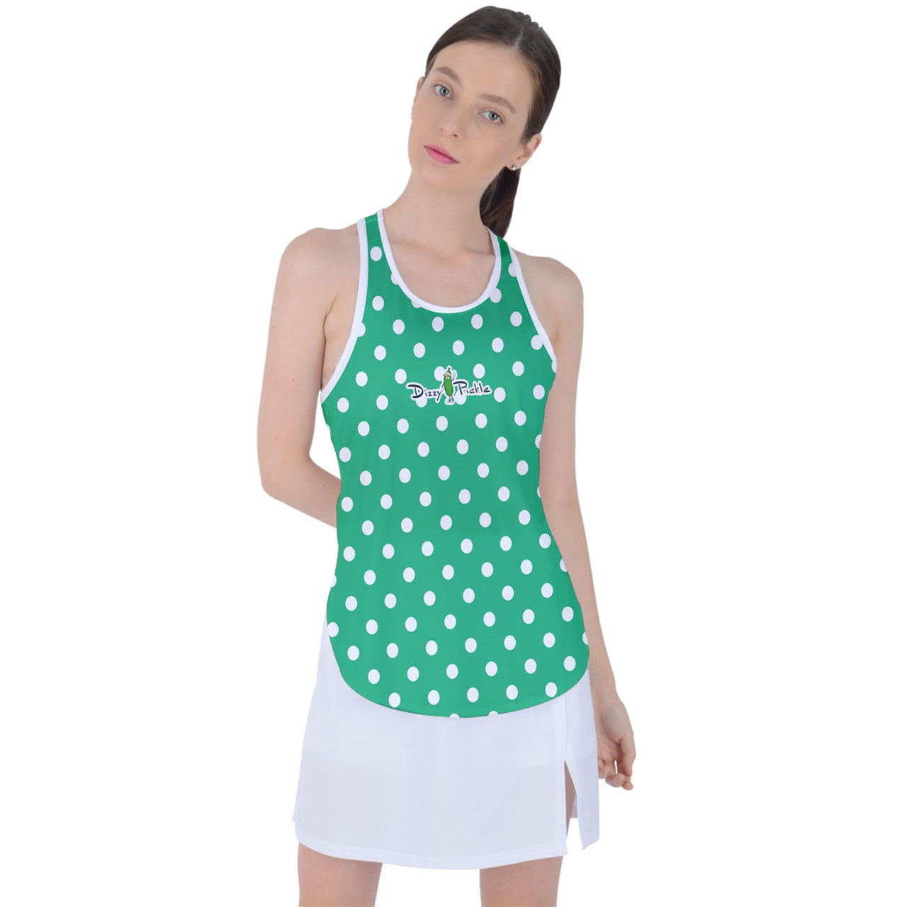 Dizzy Pickle GEO Green White Polka Dots Women's Pickleball Racer Back Mesh Tank Top