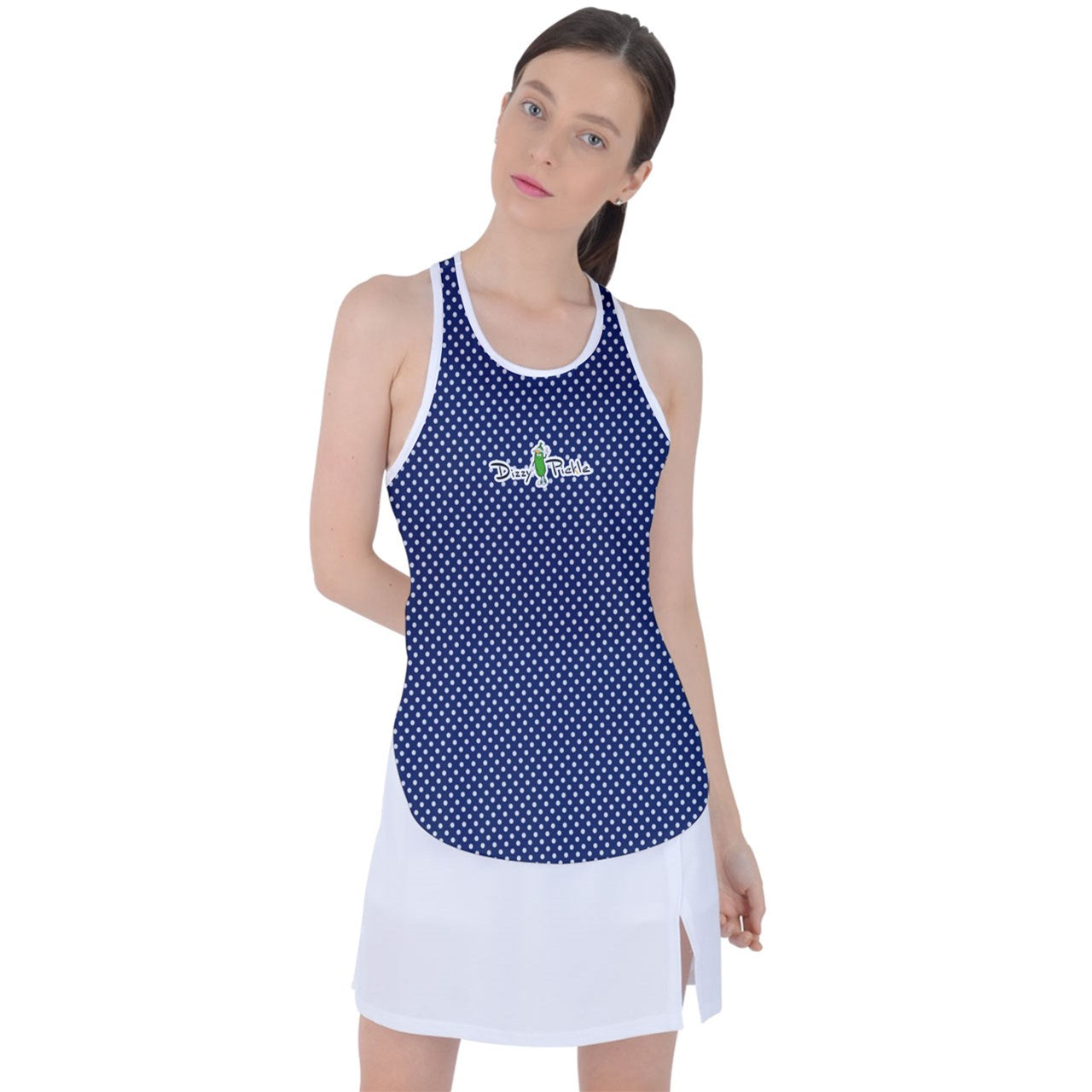 Dizzy Pickle GEO Navy Blue White Polka Dots Women's Pickleball Racer Back Mesh Tank Top