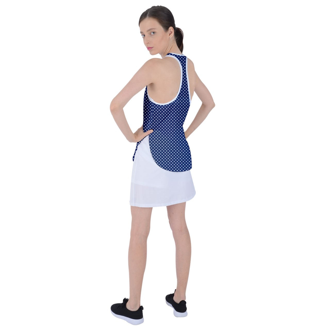 Dizzy Pickle GEO Navy Blue White Polka Dots Women's Pickleball Racer Back Mesh Tank Top