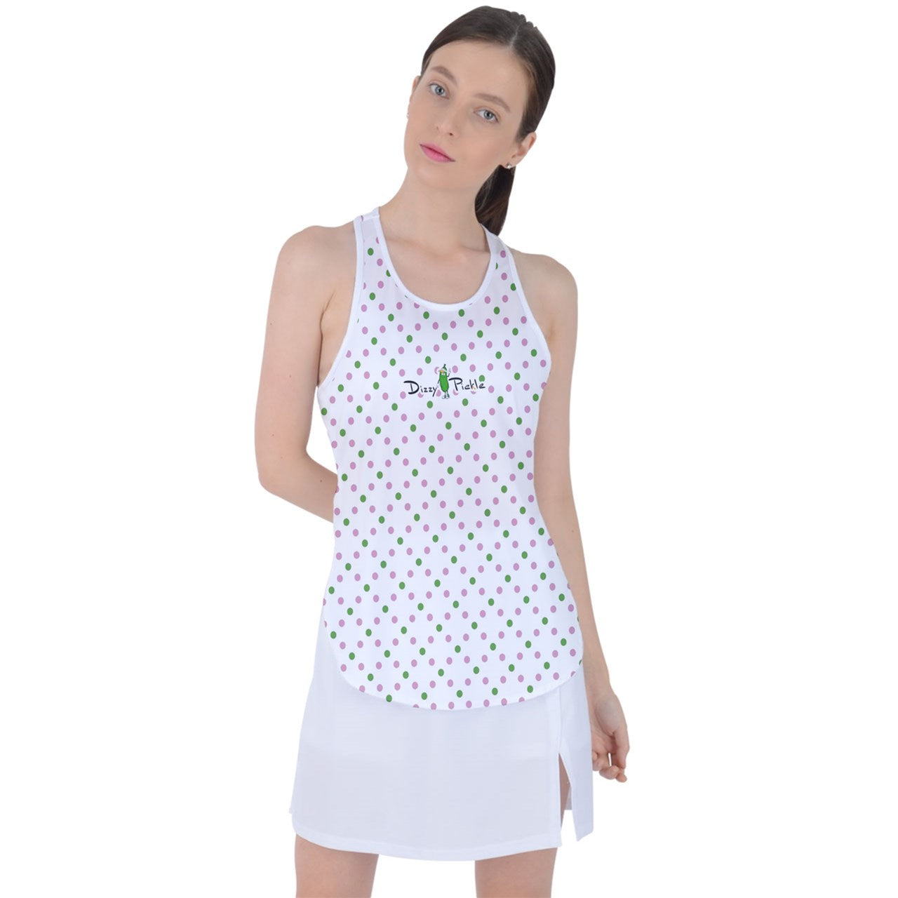 Dizzy Pickle GEO Pink Green Polka Dots Women's Pickleball Racer Back Mesh Tank Top