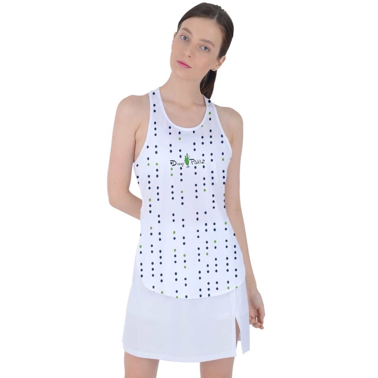 Dizzy Pickle GEO Blue Green Polka Dots Women's Pickleball Racer Back Mesh Tank Top