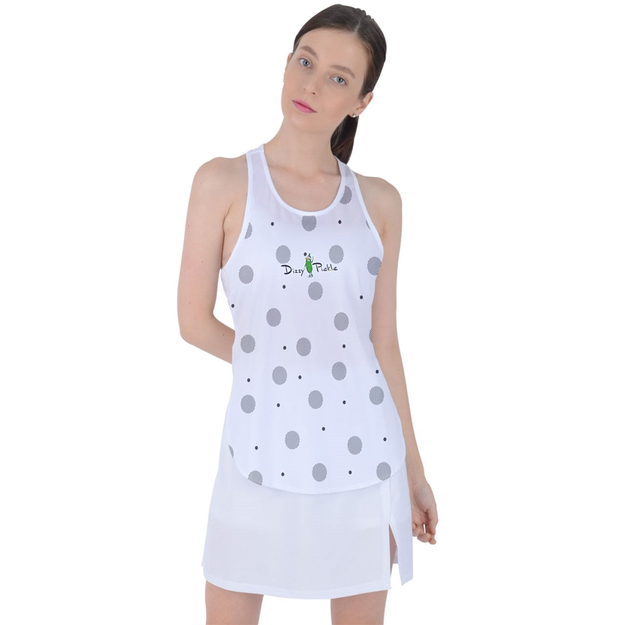 Dizzy Pickle GEO Black Gray Polka Dots Women's Pickleball Racer Back Mesh Tank Top