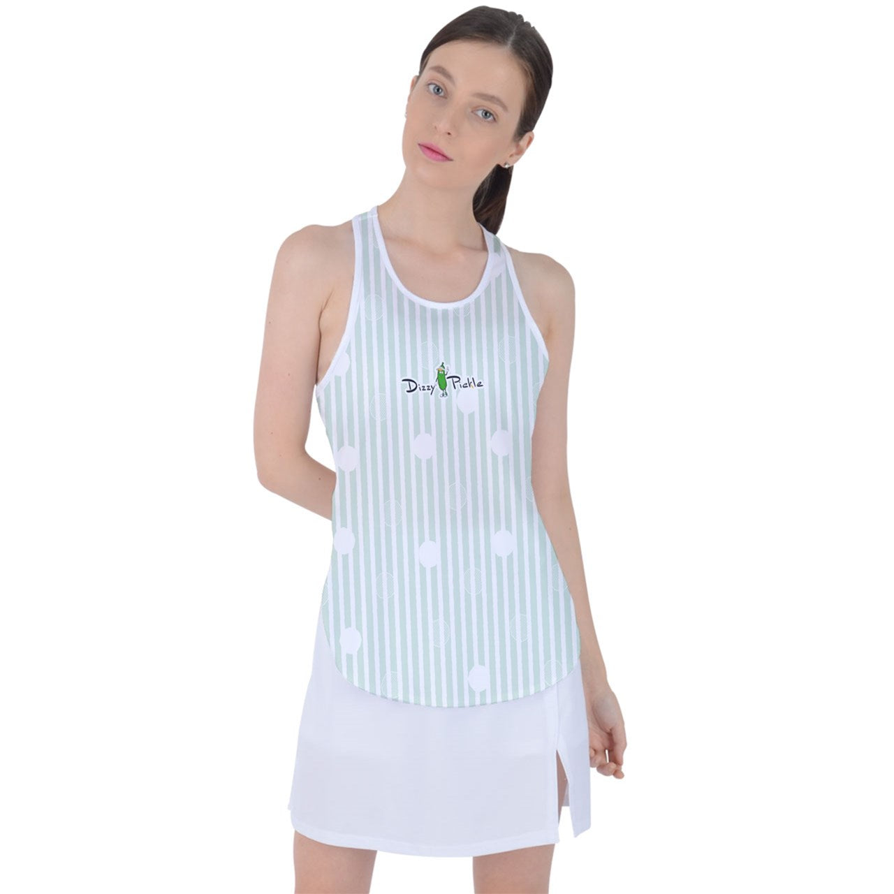 Dizzy Pickle GEO Sea Foam Green White Polka Dots Women's Pickleball Racer Back Mesh Tank Top