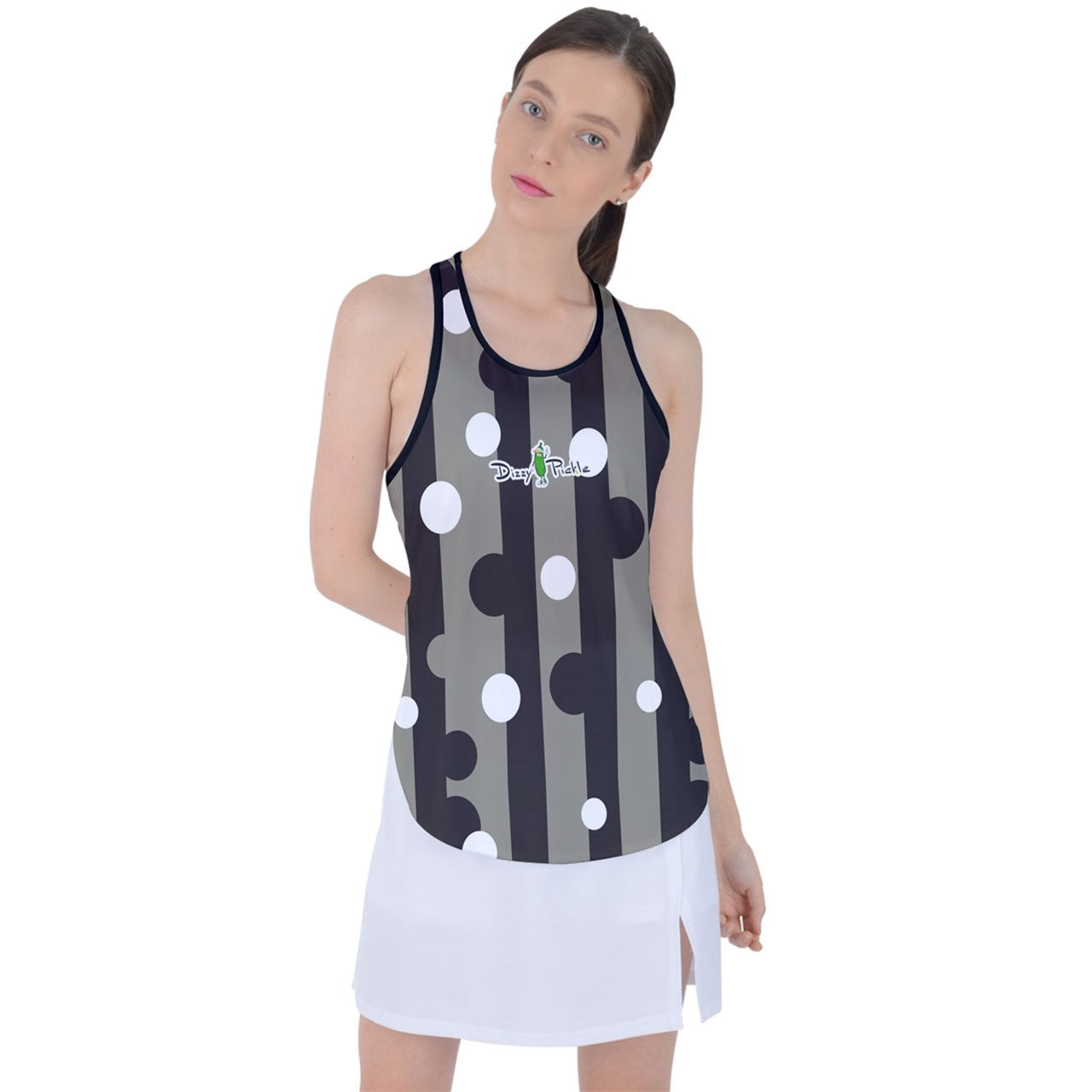 Dizzy Pickle GEO Black Taupe Polka Dots Women's Pickleball Racer Back Mesh Tank Top