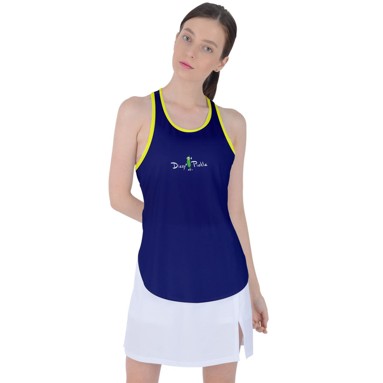 Dizzy Pickle DZY P Classic Navy Blue/Yellow Women's Pickleball Racer Back Mesh Tank Top