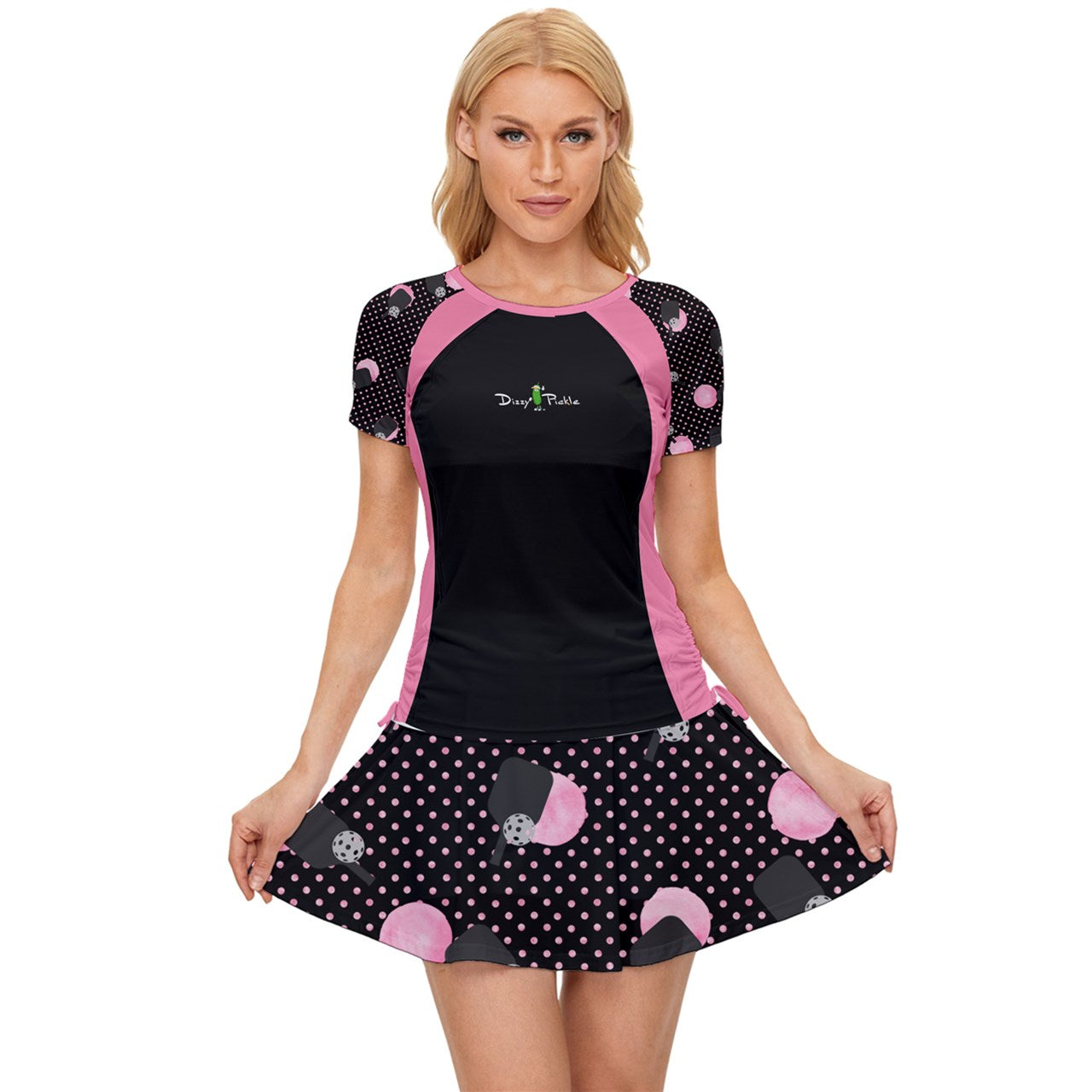 Dizzy Pickle Page Paddles_Polka Dots Black Women's Pickleball Sports Set (Shirt and Skort)